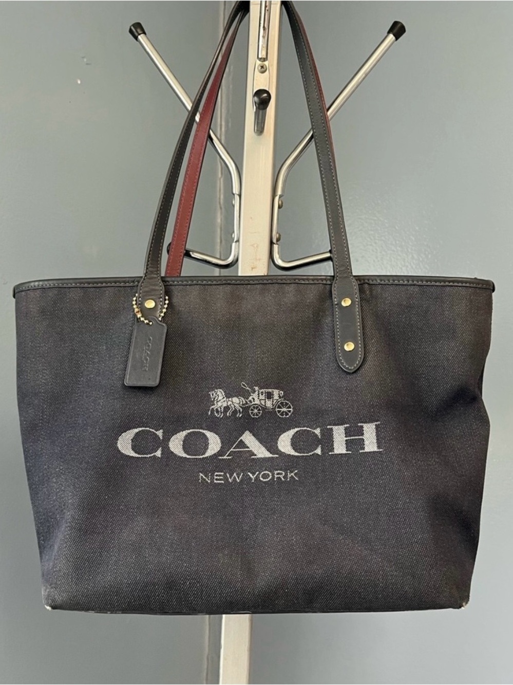 Coach Denim Canvas Tote with Logo and Burgundy-Trim Handles